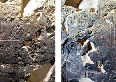 El antes y después de la restauración en uno de los registros decorativos del pasillo de la TT 11.