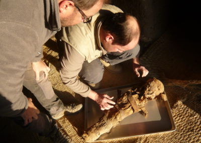 Cisco y Jesús preparan una momia para radiografiarla.