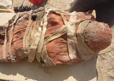Una de las momias de época greco-romana hallada por Cisco, con el sudario de lino rojo.