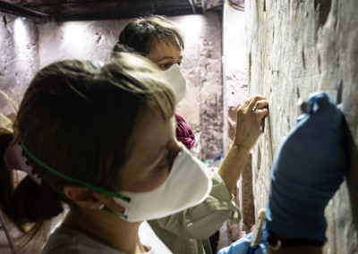 Carmen y Suni han comenzado hoy a limpiar las concreciones de barro de una de las paredes de la tumba de Djehuty.