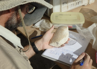 Curro estudia la inscripción grabada en un fragmento de vaso canopo hallado hace unos días por Kristian.