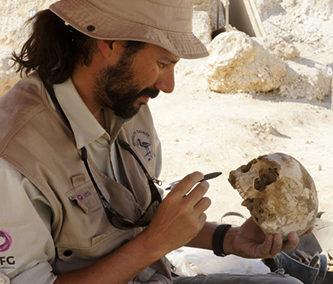 David examina un cráneo desenterrado en su sector.