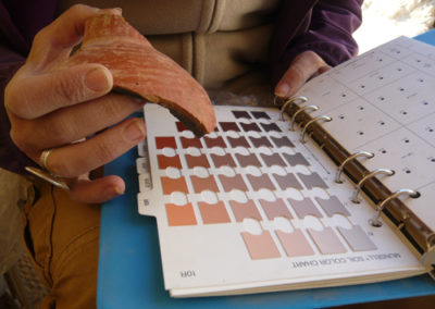 Elena usa la “tabla Munsell” para reseñar con precisión el color de la cerámica.